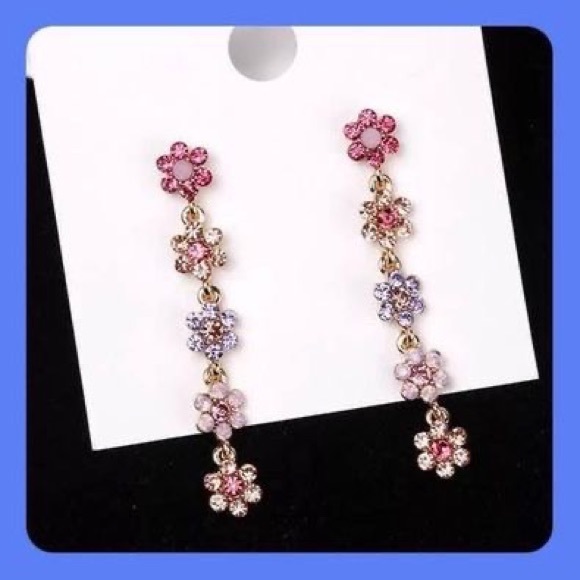 New Unique Pretty Cascading Multi Colorful Beauty Rhinestone Flower 🌸 Earrings - Picture 4 of 8